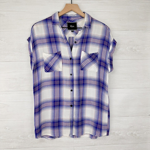 Rails Britt Plaid Button Up Shirt Women XS Cap Short Sleeve Blue White Western - Picture 12 of 13